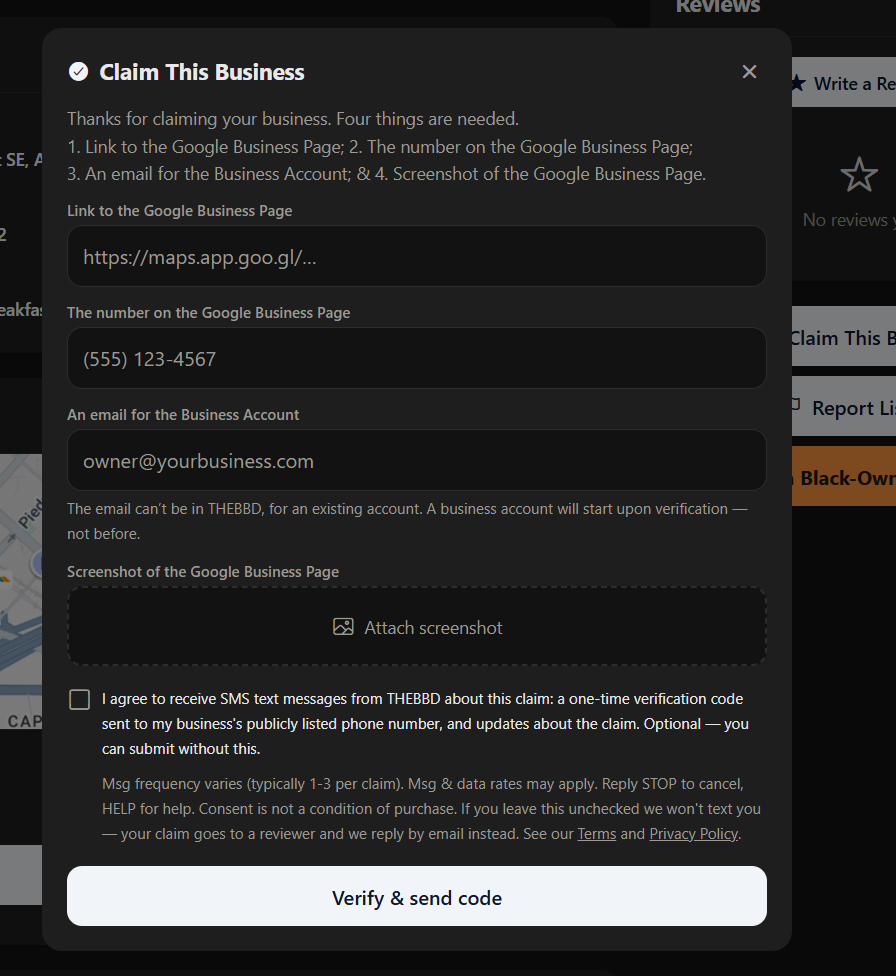 The claim form showing the SMS consent checkbox, unchecked.